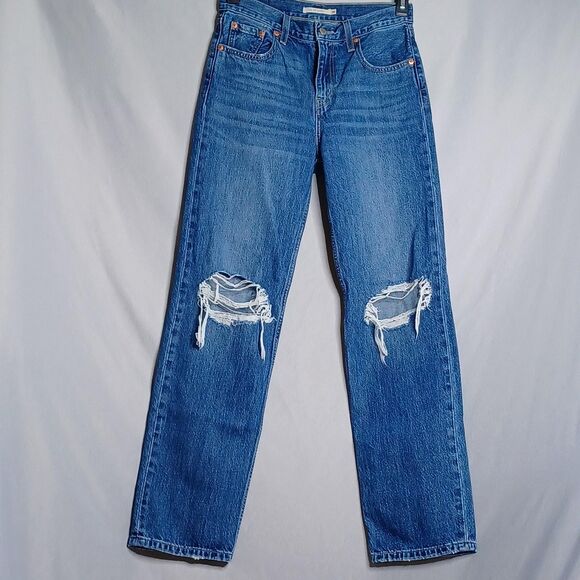 Levi's Low Pro Straight Jeans Womens 26 Blue Distressed Ripped Knee Denim Pants - Picture 3 of 16
